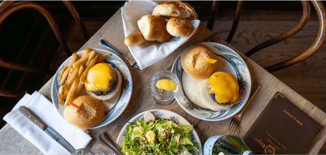 Hamburgers, salad and dinner rolls in Williamsburg, Brooklyn