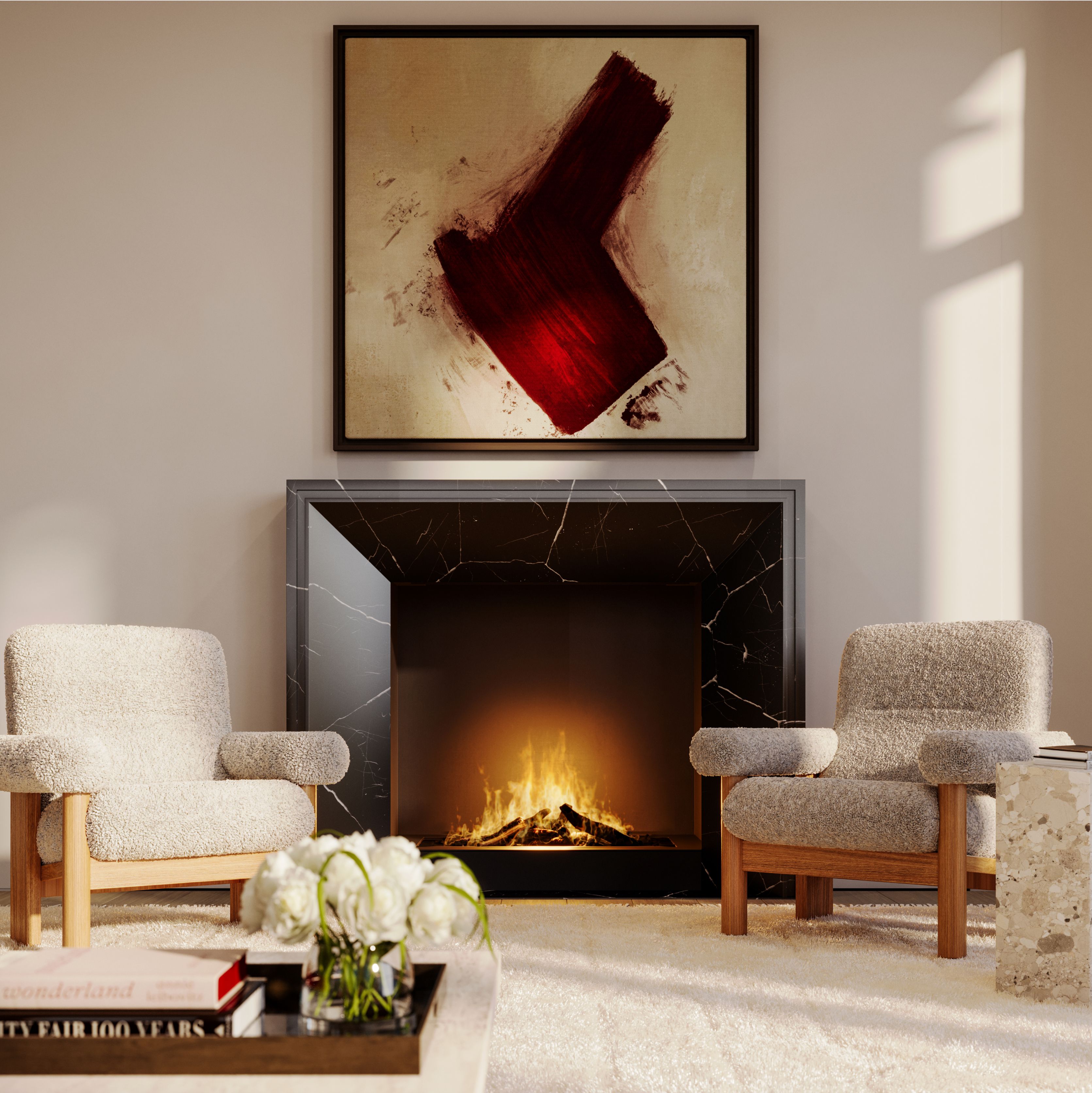 Penthouse living room at One Williamsburg Wharf with a fireplace, modern artwork, designer furniture, and abundant natural light.