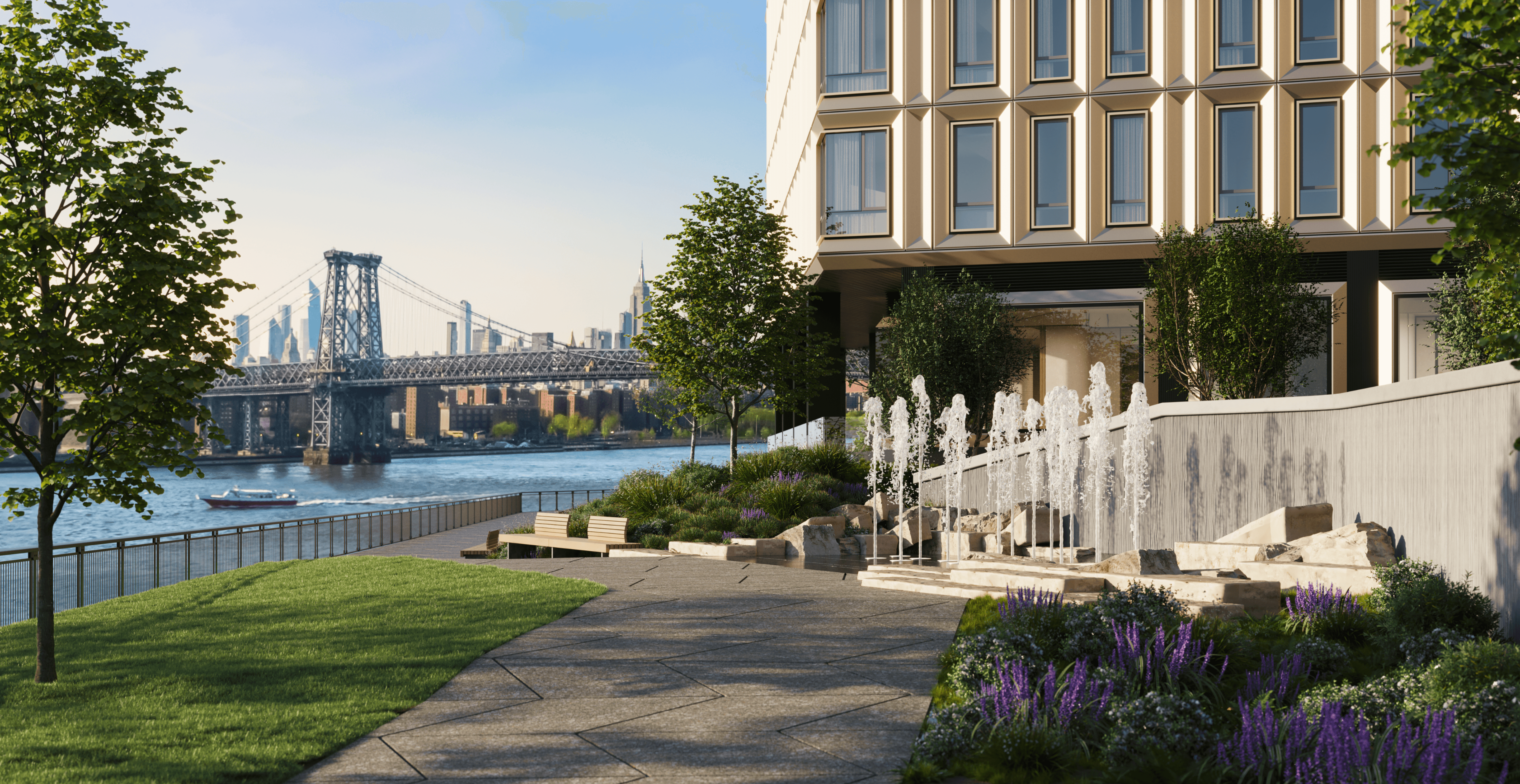 Williamsburg Wharf, a new development in Brooklyn with luxury condominiums, landscaped parks, and waterfront access.