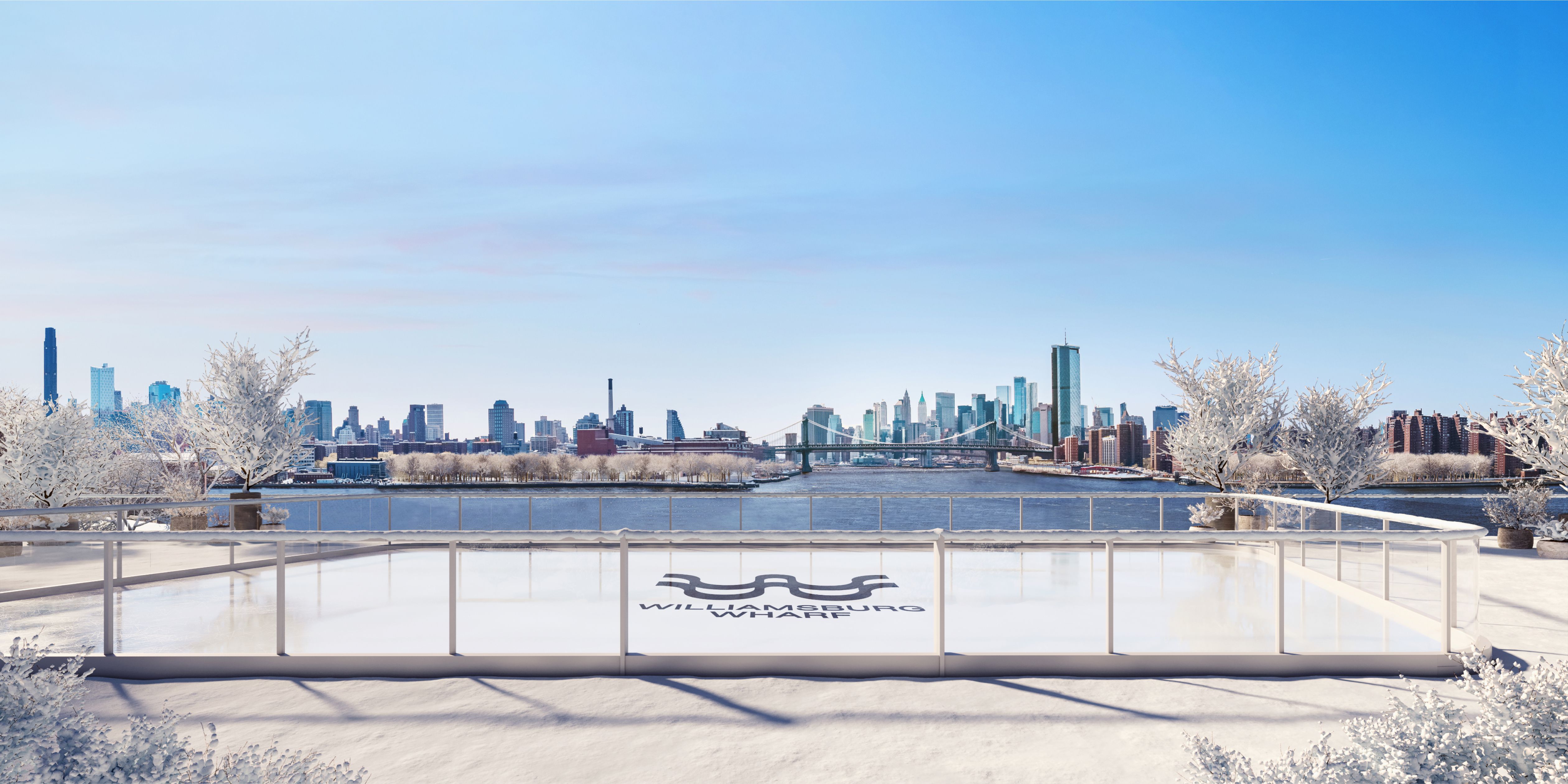 Rooftop ice-skating rink at One Williamsburg Wharf in winter, with views of the East River and Manhattan skyline.