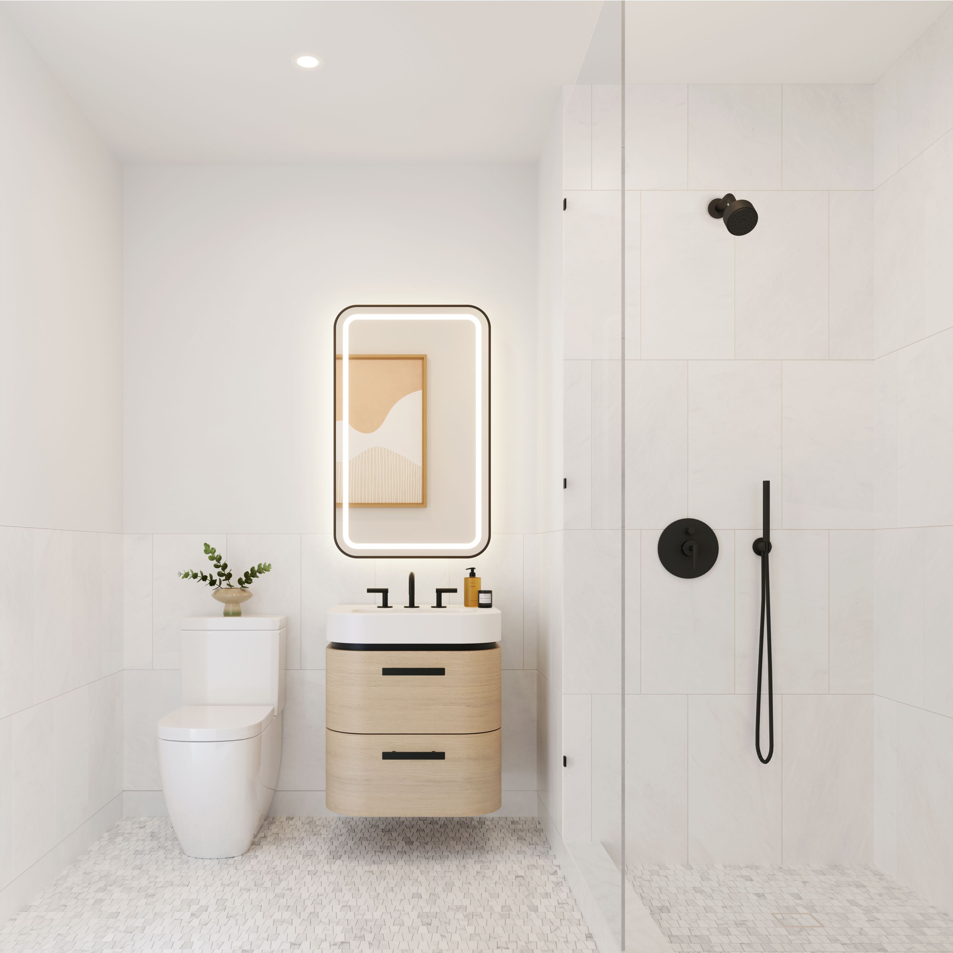 Minimalist bathroom at One Williamsburg Wharf featuring a floating vanity with light wood cabinetry, an illuminated mirror, and a glass-enclosed shower.