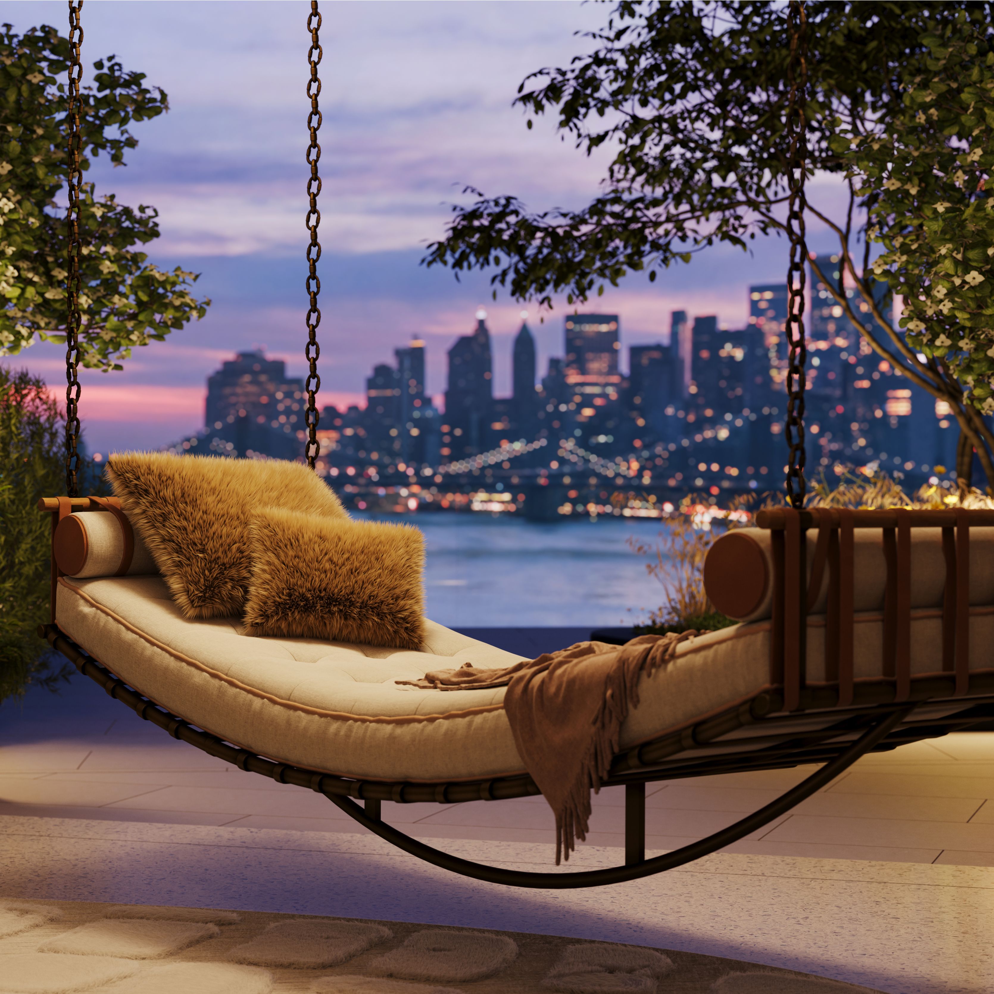 Hanging lounge bed at the Williamsburg Wharf Resort & Recreation Club overlooking the East River and illuminated Manhattan skyline at night.