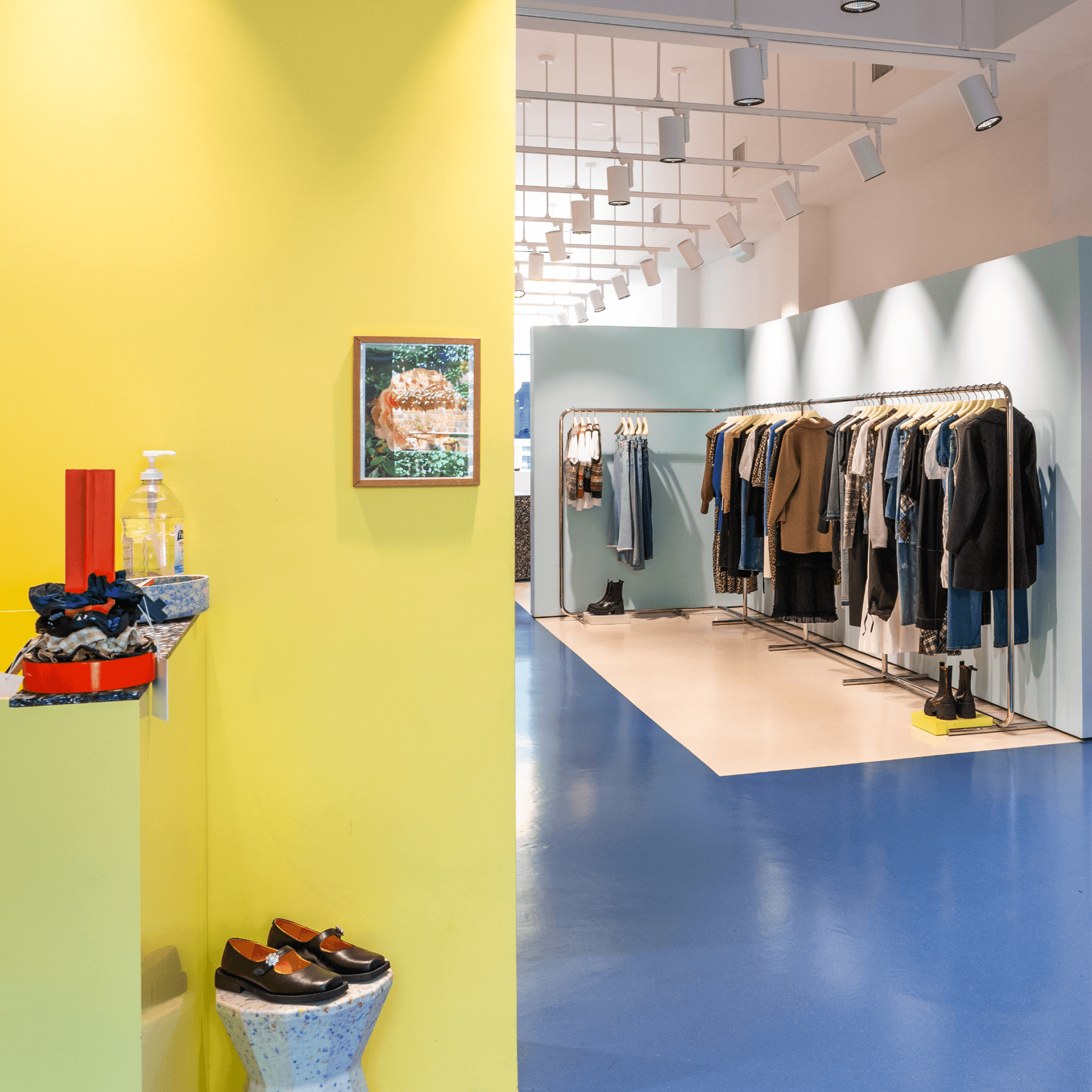 Clothing on a rack in brightly colored retail store - Fashion in Williamsburg, Brooklyn