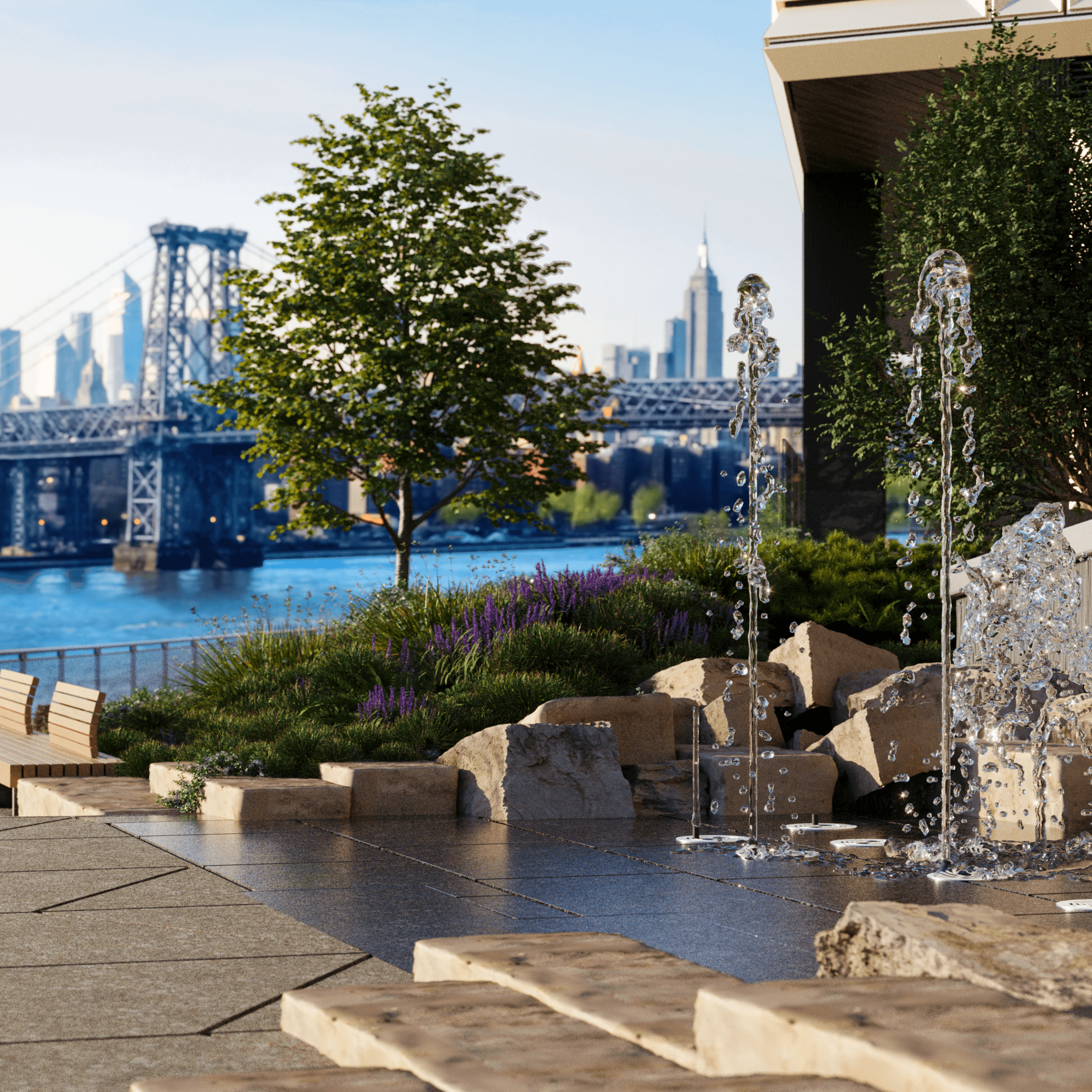 Landscaped water garden at Williamsburg Wharf with seating area, and view of the Williamsburg Bridge.