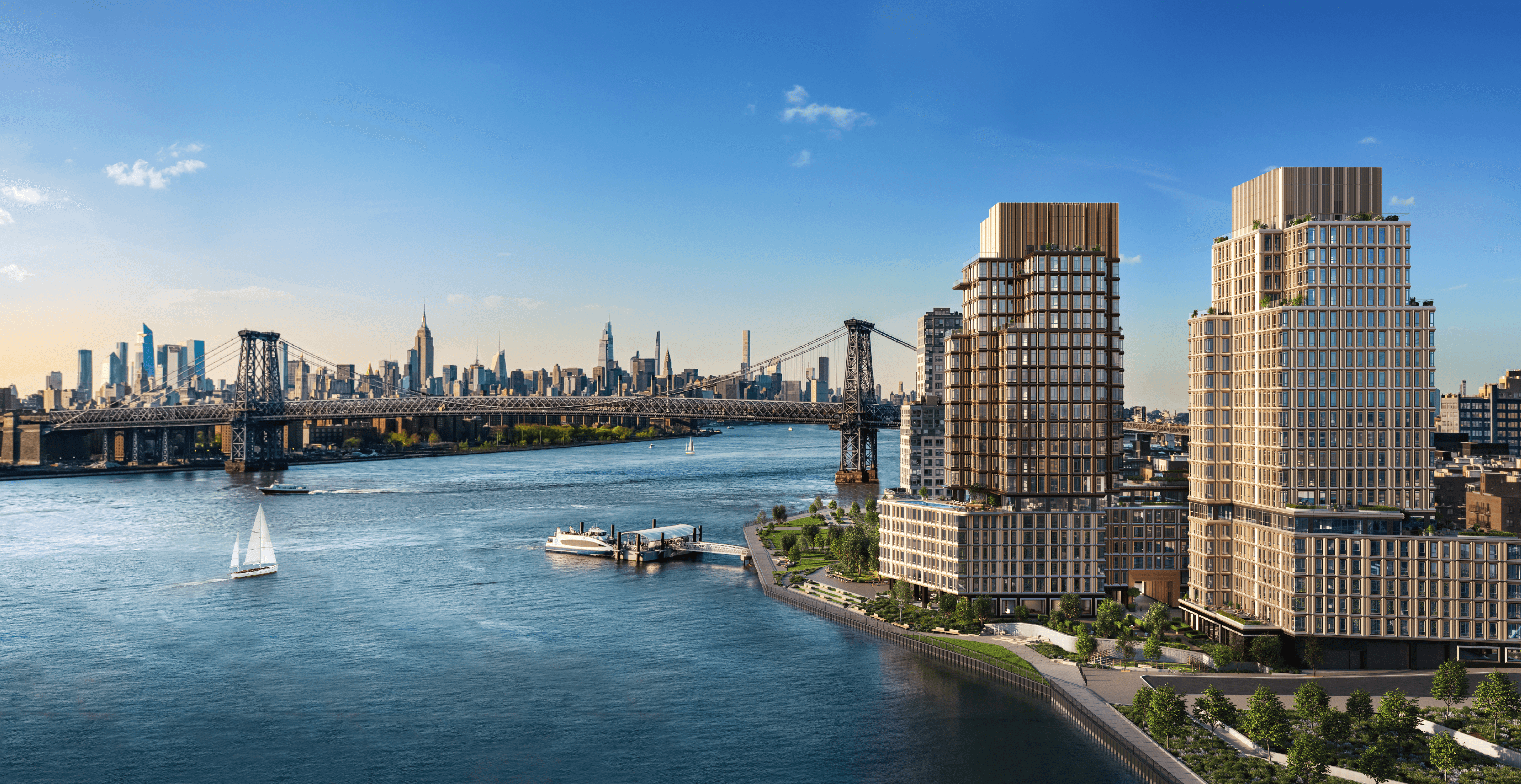 View from Williamsburg Wharf, showing the East River, Williamsburg Bridge, and Manhattan skyline.