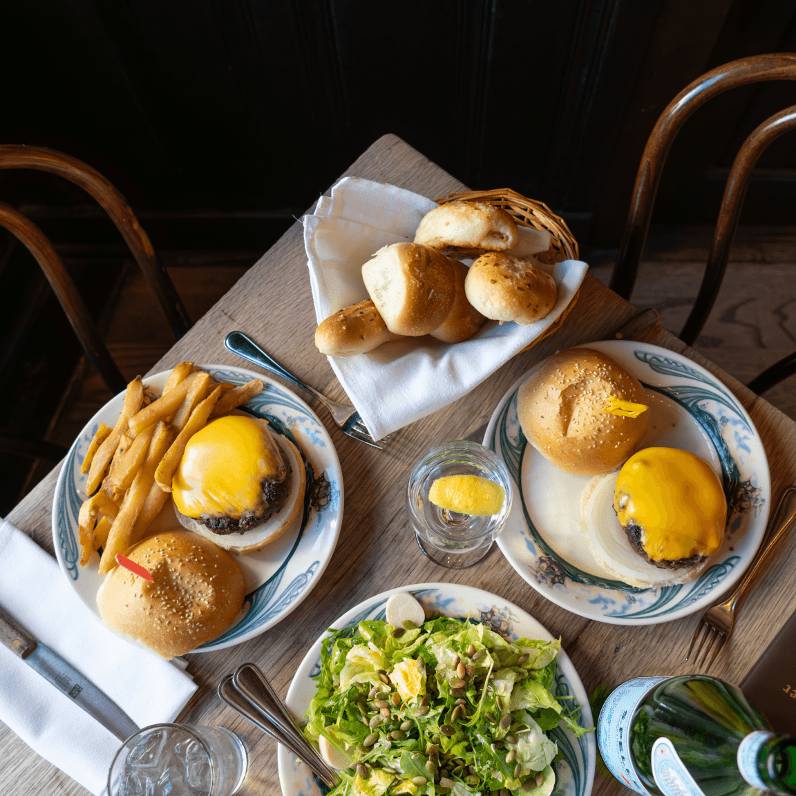 Hamburgers, salad and dinner rolls in Williamsburg, Brooklyn