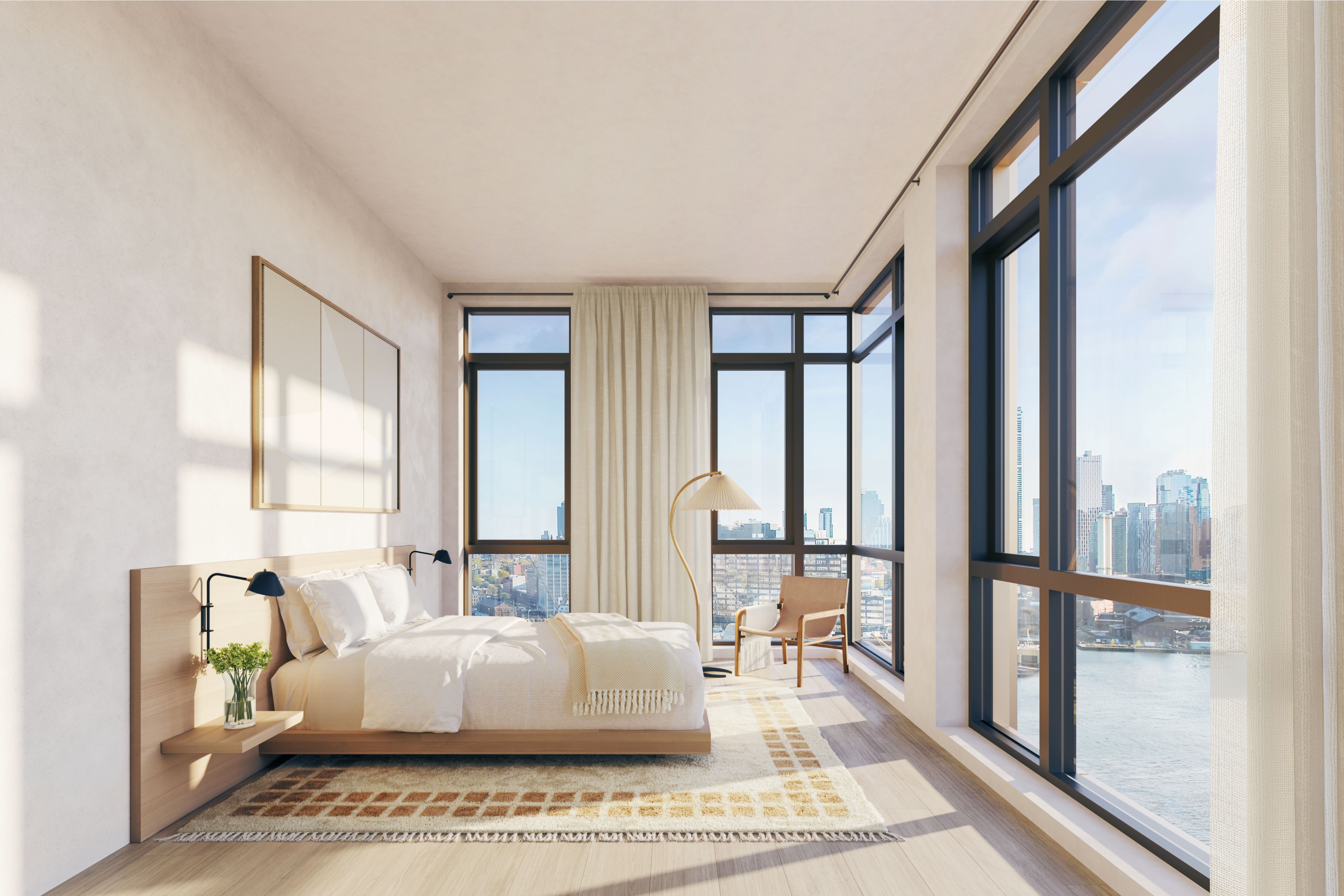 Williamsburg waterfront condo bedroom at One Williamsburg Wharf with floor-to-ceiling windows and panoramic East River and Manhattan skyline views.