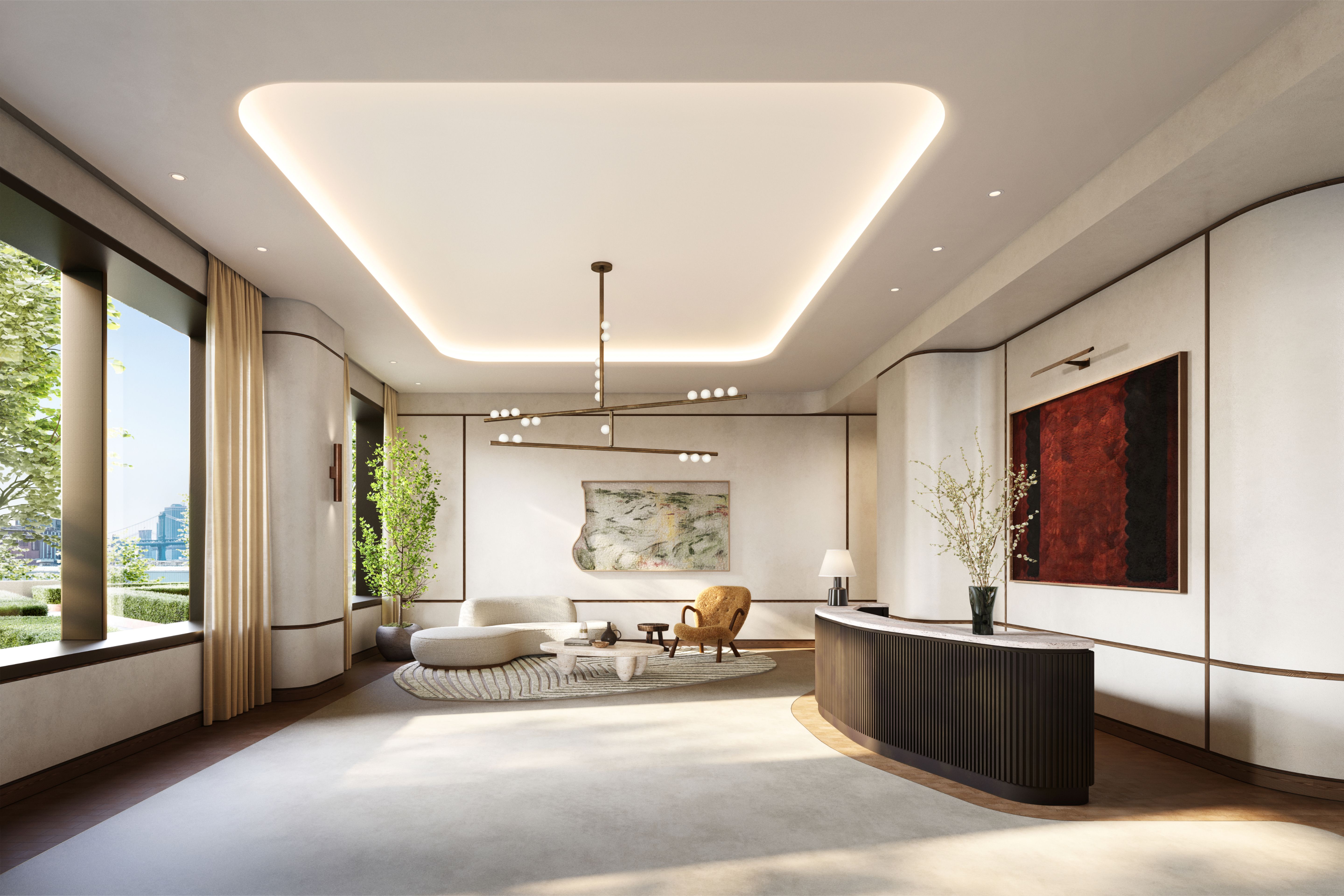 Modern lobby interior at One Williamsburg Wharf, Williamsburg Brooklyn condominiums, featuring designer furniture, artwork, and large windows with city views.