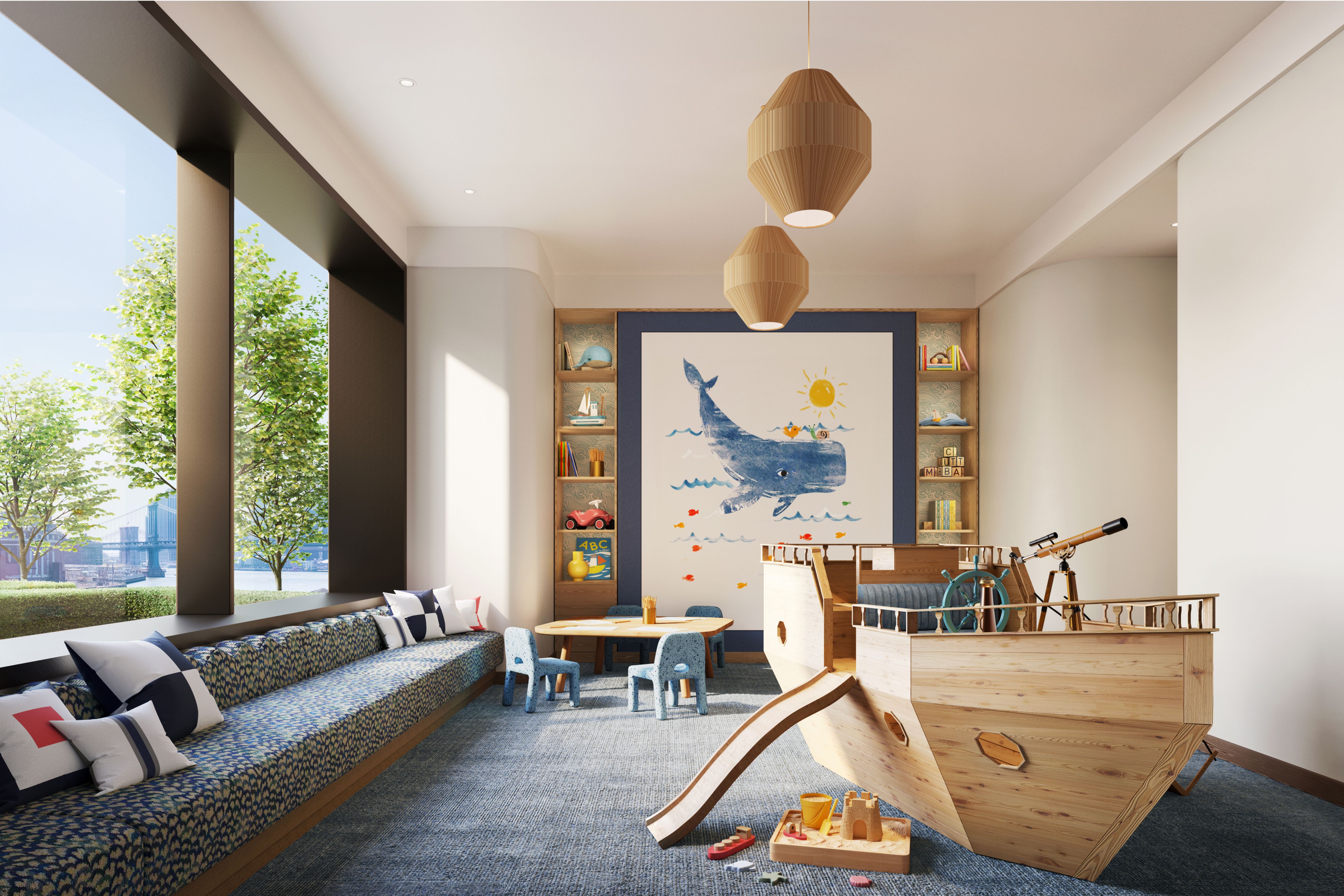 Children's playroom at One Williamsburg Wharf with colorful toys and engaging activities.