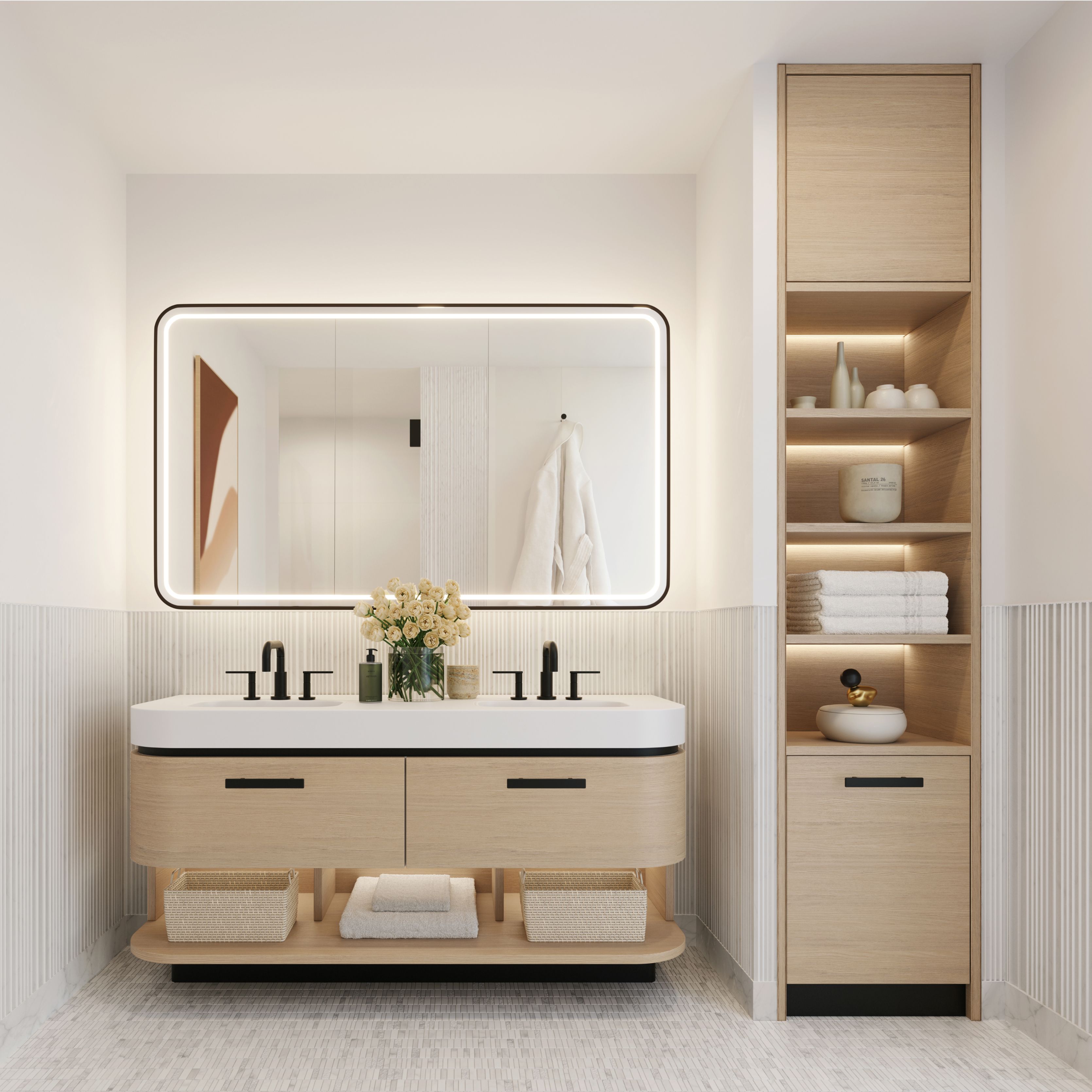 Modern bathroom in a Williamsburg condominium at One Williamsburg Wharf, featuring a floating vanity with light wood cabinetry, an illuminated mirror, and integrated storage.