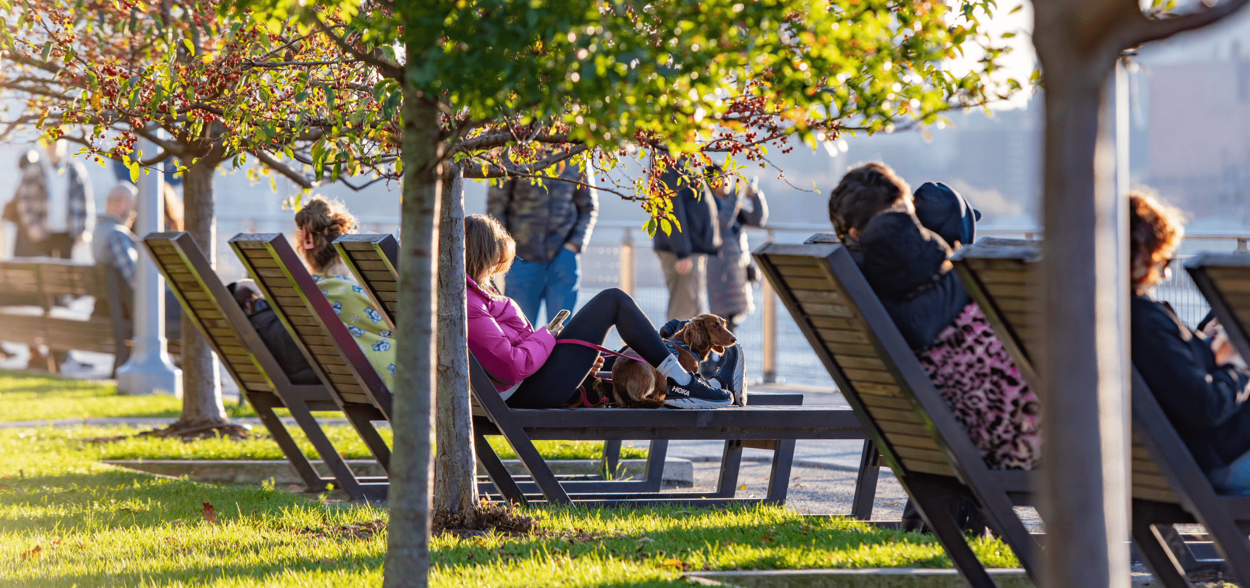 People sitting on East River - waterfront green spaces in Williamsburg, Brooklyn