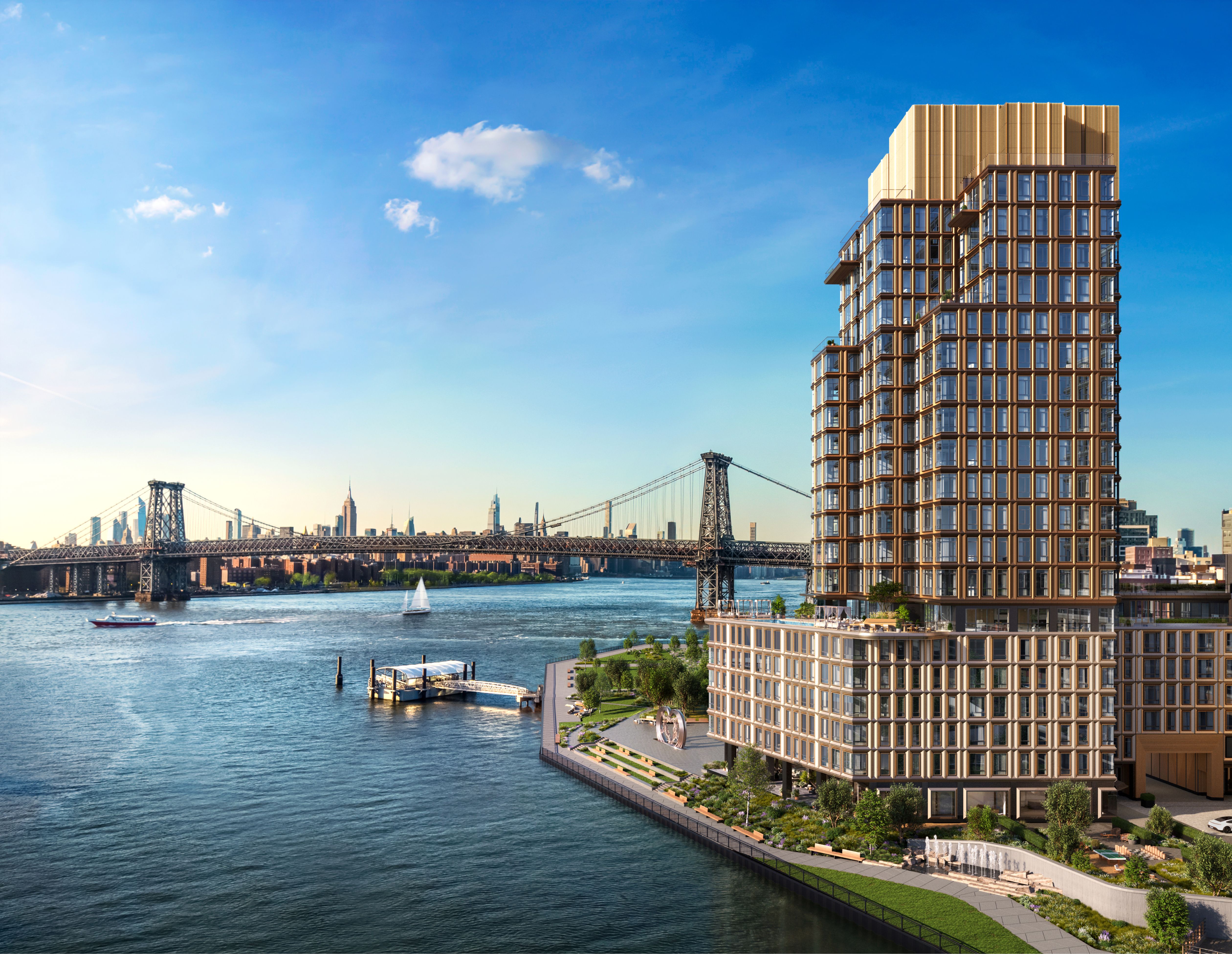 One Williamsburg Wharf, Brooklyn waterfront condos in Williamsburg with views of the East River, Williamsburg Bridge, and Manhattan skyline.