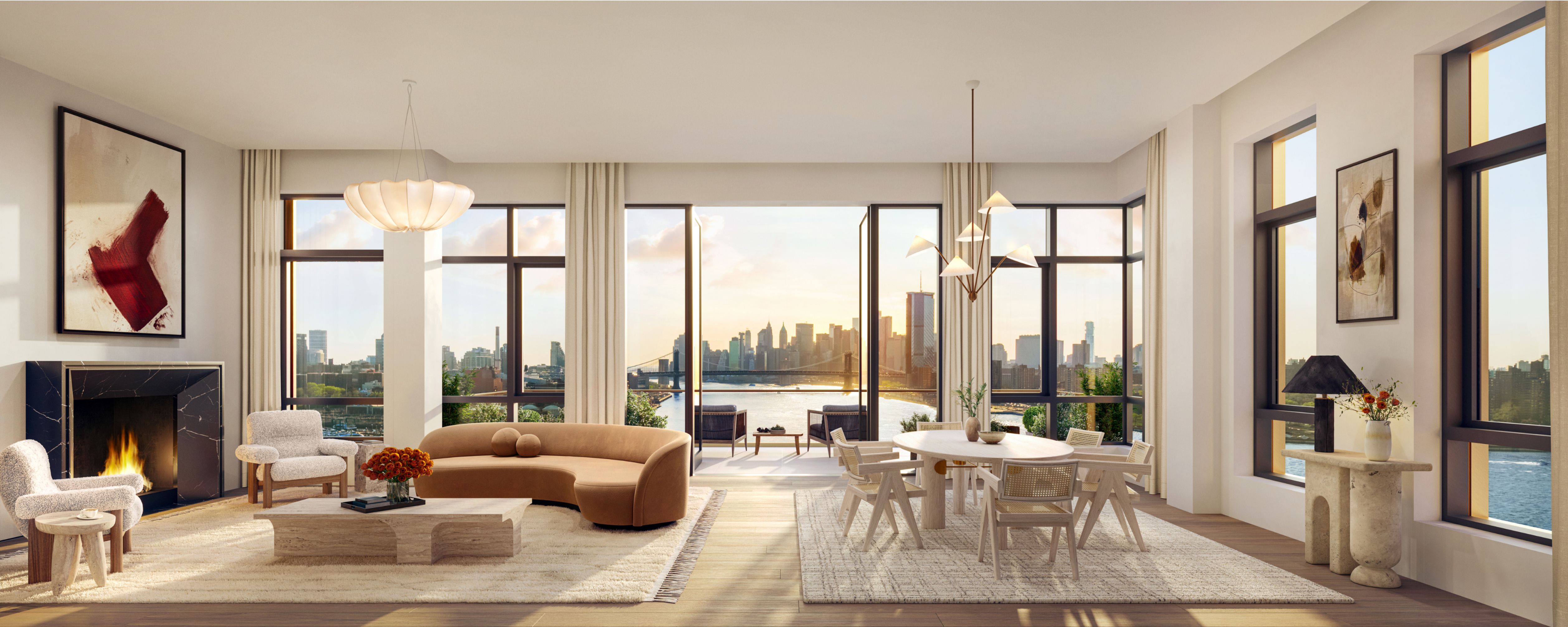 Penthouse for sale at One Williamsburg Wharf with open living and dining area, fireplace and panoramic city views.